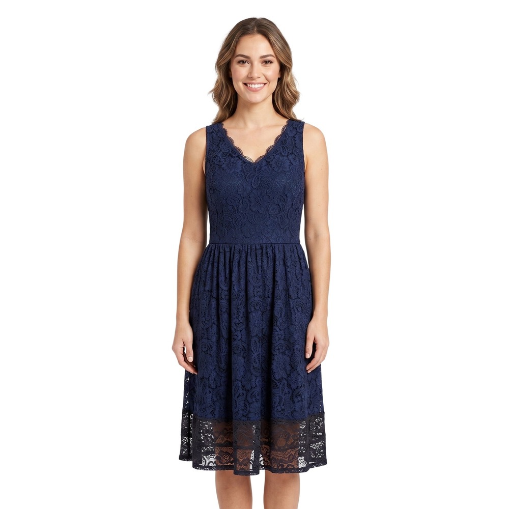 Luxe by Carmen‎ Marc Valvo Navy Blue Floral Lace V-Neck Dress Womens Size 16